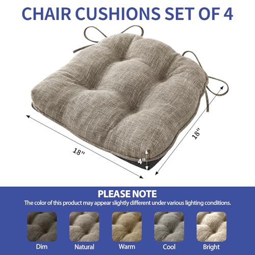IPYNBAP Chair Cushions for Dining Chairs Set of 4, Kitchen Chair Cushions, Chair Pads with Ties and Non Slip Backing, Tufted Memory Foam Seat Cushion 4 Pack, 18" x 18" x 4", Khaki - color: Khaki, size: 18" x 18" x 4"