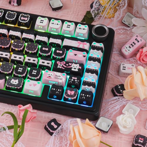 PBT Keycaps - Side Print Cat Keycaps, 113 Keys Shine Through Dye-Sub Cute Keycap, Mao Profile Custom Keycap for 60 65 75 100 Percent Cherry MX Mechanical Keyboard - color: Black Pink Meow