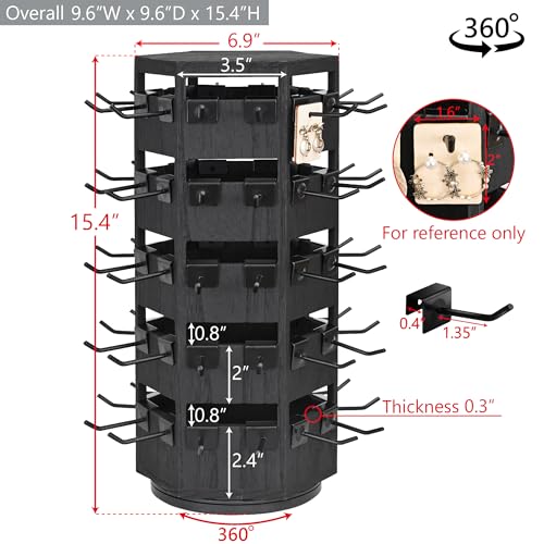 Ikee Design Free Assembly Natural Wood Hexagon 6 Sided Rotating Jewelry Display Stand Tower,60 Removable Metal Hooks,Keychain Earring Display Stand Tower for Selling,Showcase,Black Color - color: 6 side, Black, 60 hooks