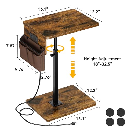 Vagusicc Sofa Armrest Tray Table for Couch - 360° Swivel Height Adjustable Side Table for Small Spaces, Snack Side Table for Bed or Chair, C Shaped End Table Snack Table for Eating Dinner Laptop - color: Rustic Brown, style: With Plug+Storage Bag