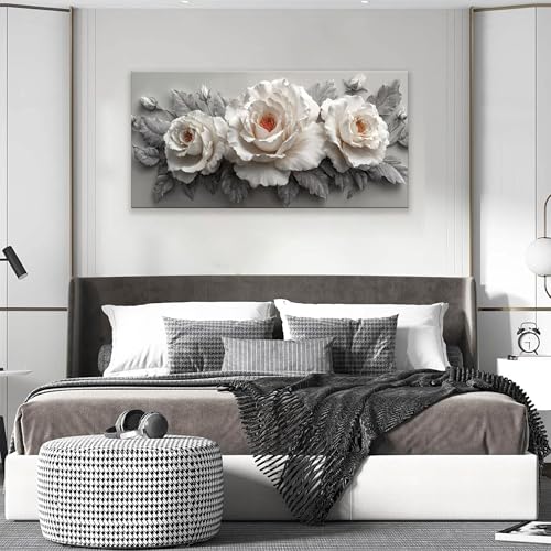 YISXINOAG Floral Wall Decor Modern Canvas Art Wall Decor White Rose Canvas Wall Art Modern Floral Painting White and Grey Pictures for Bathroom Ready to Hang Canvs Wall Decorations Size 20"X40" - color: grey white, size: 40"L x 20"W