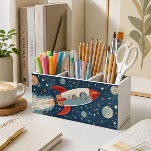Outer Space Pen Holder for Desk, Blue Galaxy Cosmic Rocket Planet Celestial Wooden Box Sign Desk Storage Organizer for Kids Room Nursery Classroom, Space Decor for Boys Room - color: Outer Space