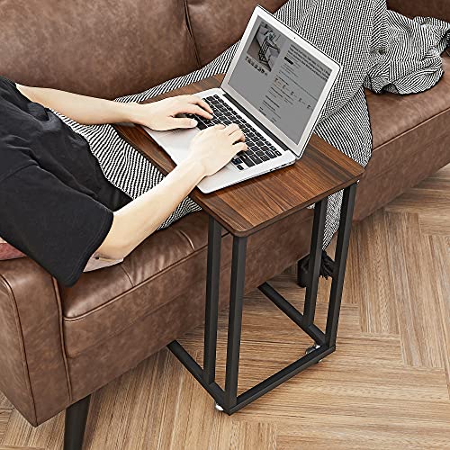 VASAGLE End Table, C Shaped TV Tray with Metal Frame Rolling Casters, Industrial Side Table for Living Room Bedroom, 19.7 x 13.8 x 23.6 Inches, Dark Walnut and Black - color: Dark Walnut + Black, size: 19.7"W x 21.7"H, style: With Wheels