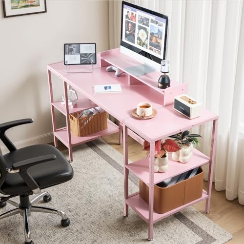 MINOSYS Computer Desk 55-inch with Storage Shelf - Pink Ideal Gaming Desk for Bedrooms, Small Spaces, and Home Offices Modern Writing Desk for PCs. - color: Rustic, size: 43 inch