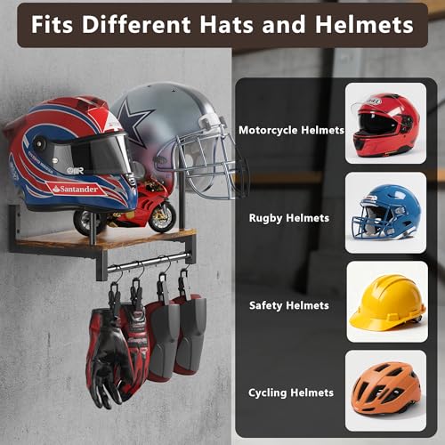 Automotive Helmet Holder Wall Mount, Solid Wood and Metal Helmet Rack with 4 Glove Clips, Motorcycle Accessories Gear Storage Organizer for Entryway or Garage - color: Vintage Brown