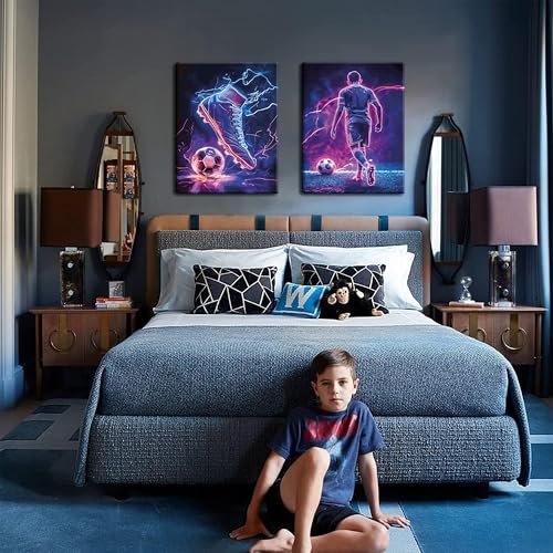 Cool Soccer Gaming Wall Art Set of 3, Neon Video Gamer Canvas Pictures, Colorful Soccer Game Painting Prints for Boys Room, Gaming Room Decor for Kids Gamer Room 16x24 inch Framed - color: Cool Football Sports Canvas, size: 24L" x 16W"