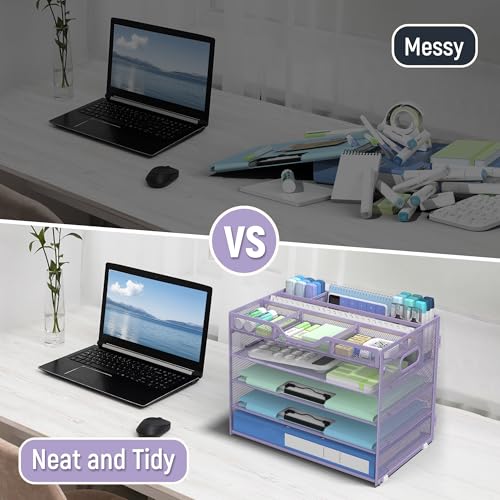 Docnest 5 Tier Mesh Desk Organizer- Letter Tray with Adjustable Compartments, Mesh Desktop Storage Built in Pen Holder and Handles, Desk Organizer Tray for Mail Documents Office Supplies–Purple - color: Purple