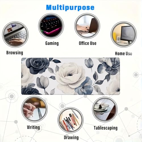 Flower Extended Mouse Pad Navy Cream Watercolor Floral Minimal Chic XL Mouse Pad Large Mousepad Extended Laptop Keyboard Mat Gaming Desk Pad Mouse Mat 31.5x11.8 Inch - color: Flower