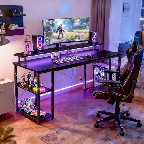 ODK 55 inch Gaming Desk with LED Lights & Power Outlets, Computer Desk with Monitor Stand & Storage Shelves, CPU Stand, Home Office Desk, Black - color: Black, size: 55 inches