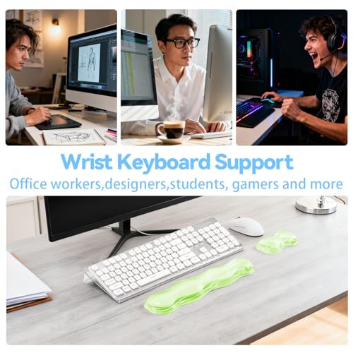 Acrylic Keyboard Stand with Cooling Gel Wrist Rest Set, Clear Ergonomic Keyboard Riser, Tilted Computer Keyboard Holder with Non-Slip Silicone for Mechanical/Wireless Keyboards, Home Office & Gaming - color: 3pcs Green Keyboard Riser With Wrist Rest