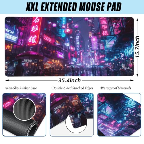 Desk Mat,Cyberpunk Neon City Large Gaming Mouse Pad for Desk XXL,Futuristic Night Street Desk Pad,Extended Big Computer Keyboard Mouse Pad with Non-Slip Base and Stitched Edge 35.4"x15.7" - color: Cyberpunk Neon City, size: XXL-35.4"x15.7"