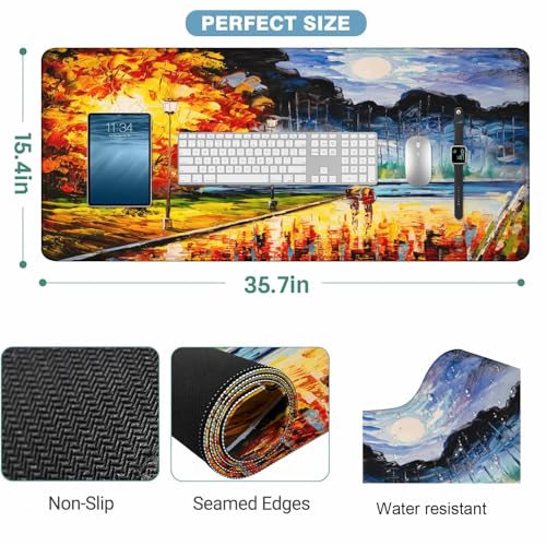 Autumn Lakeside Walk Gaming Mouse Pad Romantic Rain Scene Fall Foliage Large Mousepad Desk Keyboard Mat for PC,Home,Office 35.4"X15.7" - color: Autumn Lakeside walk