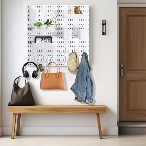Wall Mount Peg Board Organizer 45pcs Kit, 4 Panels and 41 Accessories Pegboard Wall Organizer with Hooks, Bins, Shelves, DIY Tool Storage Pegboards Kits for Home Office Space Saving (White, 22"×22")