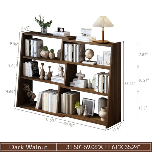 IOTXY Wooden Extendable Shelf Bookcase - 3-Tier Ladder Low Short Bookshelf for Small Space or Corner, Dark Walnut, L - color: Dark Walnut, size: Large