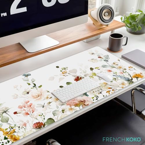French KOKO Desk Mat, Large Desk Pad Large Mouse Pad Cute Desk Accessories Home Office Essentials XL Desk Mat Desk Pad Keyboard Mouse Desk Pads Computer Cute Women Girls (Floral White, 36" x 16.5") - color: Floral White, size: 16.5" x 36"