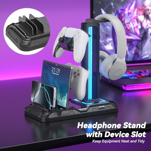 KDD Headset Stand with Charging Station - Detachable Controller Holder with 9 Light Modes - Rotatable Headphone Hanger with USB A&C Charger Ports - Earphone Hook for PC Gaming Accessories Storage - color: Black