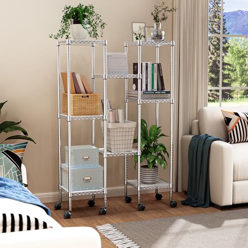 M MZG Storage Shelves Adjustable, 4 Tier Shelving Units for Storage with Wheels, Corrosion Resistant Wire Shelving Unit for Kitchen Closet Bathroom Office, Chrome 11.8" D x 11.8" W x 48.1" H - color: Chrome, size: 4 tier 11.8" D x 11.8" W x 48.1" H