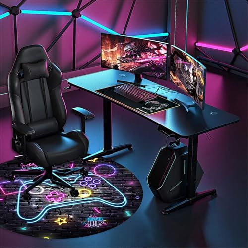 Blue Purple Gaming Chair Mat for Hardwood Floor Anti-Slip, Brick Wall Neon Graffiti Gamer Round Office Computer Carpet for Teen Bedroom Decor, Office Gaming Room, Round 47"