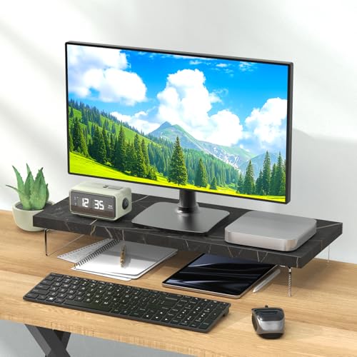Monitor Stand Riser, Wood & Acrylic Computer Monitor Stand Desk Desktop Organizer Table For Home, Office Workspace, Laptop Riser, Printer, PC & TV Screen Riser - color: Black Stone, size: 25*10 Inch