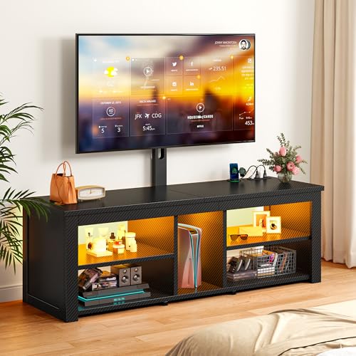 TV Stand with Mount for 55/65 Inch TVs,Wood TV Stands for Living Room with Power Outlet & LED Entertainment Center Gaming Console for Bedroom, Height Adjustable Swivel TV Mount, Carbon Fiber Black - color: Black