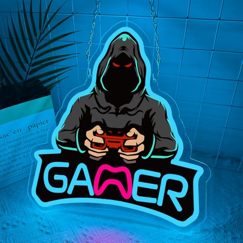 Neon Gamer Sign, Hacker Style LED Neon Sign for Game Room Decor, Dimmable Gaming Wall Light for Bedroom, Game Room, Man Cave, Unique Gamer Gift for Men, Teens, Boys - color: light blue, rose red