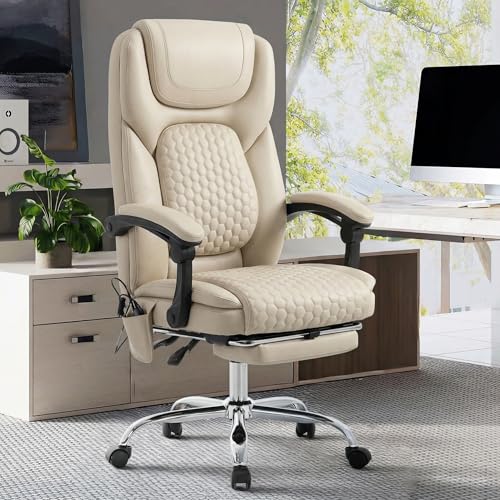 MALOL Massage Office Chair with 3-Level Heat and Footrest – 20-Min Easy Assembly, 300 lbs Big and Tall Reclining Desk Chair, PU Leather Ergonomic Executive Computer Chair with Side Pocket, Beige - color: Beige, size: Set of 1, style: Modern