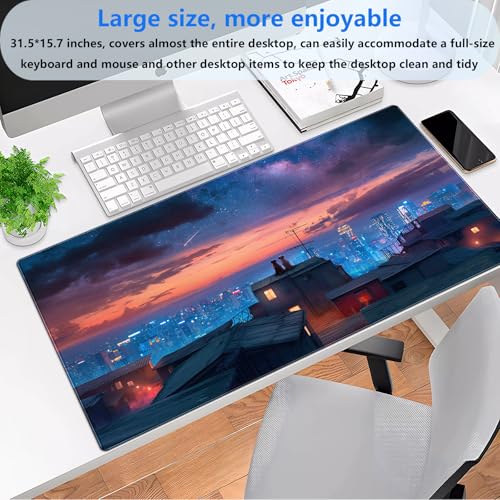 Extended Gaming Mouse Pad XL, Anime Desk Mat 31.5x15.7 in, Non-Slip Base | Ultra-smooth large mousepad featuring a cozy anime city night design. Perfect for mechanical keyboards and optical mice. - color: City starry night view