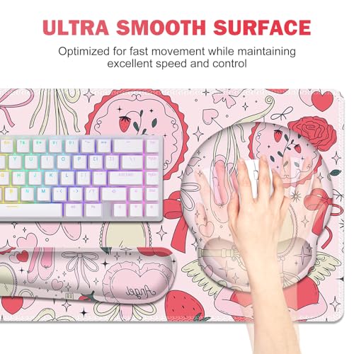 Gaming Mouse Pad, Large Desk Mat, Cute Desk Pad Protector, 4in1 XXL Mousepad + Keyboard Wrist Rest+Mouse Wrist Rest+Coaster Set with Ergonomic Desk Pad for Home Office Computer, Adorable Rose Bow - color: Adorable Rose Bow