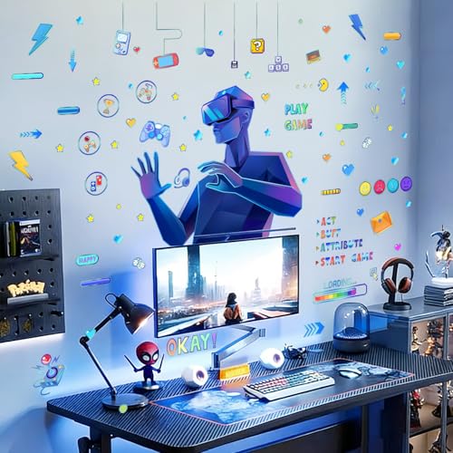 Game Wall Stickers Futuristic Gaming Room Wall Decals Peel and Stick Mural Decor for Teen Bedroom Game Space (Blue Game)