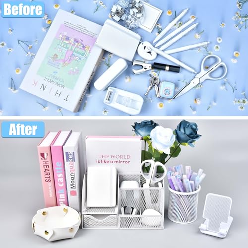 White Desk Accessories, 25Pcs White Office Supplies and Desk Organizers, with Tape Dispenser, Stapler, Staple Remover, Ect, Gift Box Packaging - color: White