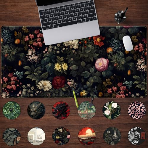 Black Vintage Desk Pad - Large Mouse Pad & Laptop Keyboard Mat - Non-Slip Base - 31.5 x 15.8 in - Gaming & Office Desk Decor - color: Vintage Rose