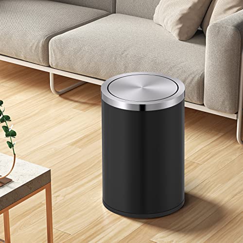 Mbillion Small Trash Can with Swing Lid 2.4 Gallons/9 Liter, Mini Trash Can with lid, Stainless Steel Cylindrical Garbage Can for Home and Office Bathroom Bedroom, for Ground and Desktop(Black) - color: Black, size: 9 Liter
