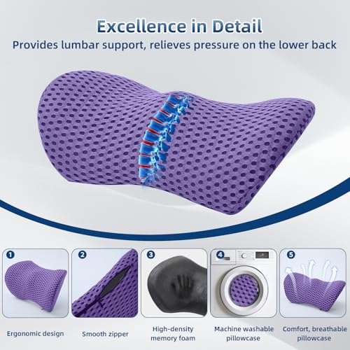 Lumbar Pillow, Memory Foam Lumbar Support Pillow for Office Chair and Car Seat, Ergonomic Streamline Back Pillow for Lower Back Pain Relief, Back Support Pillow for Sitting, Driving, Traveling - color: Light Purple