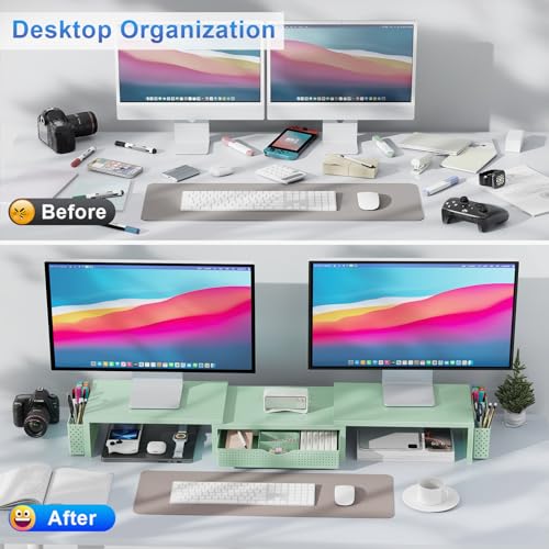 gianotter Dual Monitor Stand Riser, Desk Organizer With Drawer and 2 Pen Holders, Computer Monitor Stand, Desk Shelf for Top of Desk (Sage Green) - color: Sage Green