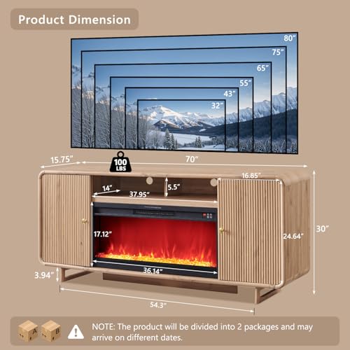 IFGET 70" Fluted Fireplace TV Stand for 80 Inch TV, Modern Entertainment Center w/36'' Electric Fireplace, Wood Media Console w/Curved Profile Design and Adjustable Shelves for Living Room,Natural Oak - color: Natural Oak, size: 70 "TVs with Fireplace
