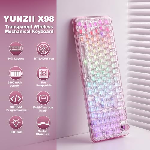 YUNZII X98 QMK/VIA Wireless Mechanical Gaming Keyboard with Knob,Tri-Mode BT5.0/USB-C/2.4GHz Hot Swappable Keyboard,Pre-lubed Switches Gasket Mount RGB Backlit for Wins/Mac (Pink, Crystal Switch) - color: Pink, size: Crystal Switch