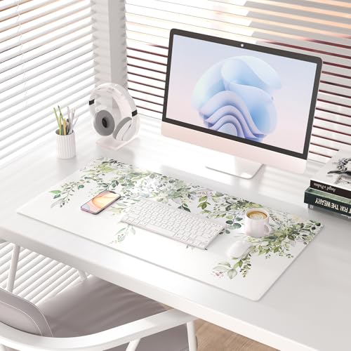 Colorful Star Large Mouse Pad, Green Leaves Waterproof Office Desk Mat, Non-Slip Gaming Mouse Pad, XXL PC Laptop Protector Pads, PU Leather Desk Writing Pads for Office Home, 31.5" x 15.7" - color: Eucalyptus Leaves, size: 31.5" x 15.7"