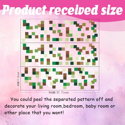 SUPERDANT 3Pcs Green Brown Pixel Blocks Wall Stickers Wall Decal Stickers for Walls Vinyl Art Sticker for Bedroom Living Room Playroom Decoration 37.7x11.8in