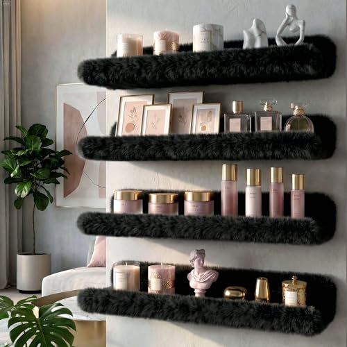 Care&More YJ 15 Inch Nail Polish Shelves, 4-Pack Fuzzy Display Nail Polish Rack for Storing Nail Bottles, Sunglasses, Essential Oils, Plush Soft Black - color: Black