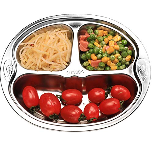 Set of 2 Stainless Steel Divided Platter Dinner Tray 3 Sections Dinner Plates - 304 Stainless steel metal plate for Campers, and for Portion Control - size: H3C (3 Sections)