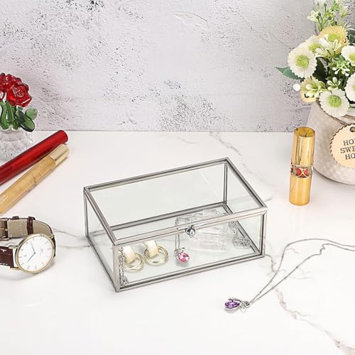 Hipiwe Vintage Glass Keepsake Box Rectangle Jewelry Display Organizer Lidded Box Home Decor Accent Decorative Box for Storage Trinket Rings Bracelet, Silver, Small - color: Silver, size: Small