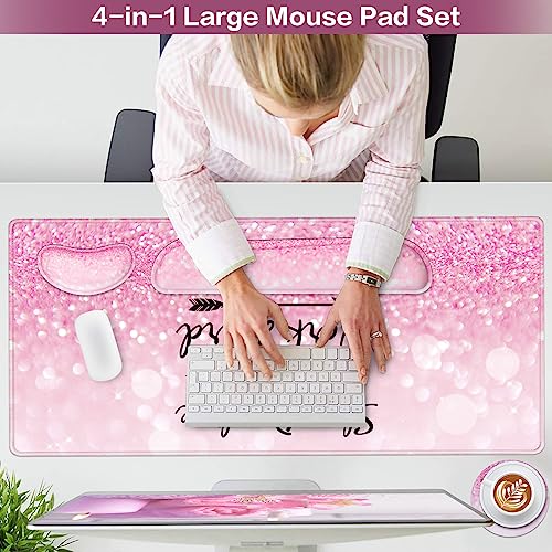 Mousepad Pink, Mouse Pad with Wrist Rest, 4-in-1 Large Mousepad+Keyboard Wrist Rest+Mouse Pad Wrist Support+Cup Pad Set,Ergonomic Mouse Pad,Anti-Slip,Memory Foam Desk Mat for Women Office Gaming - color: Pink Particle