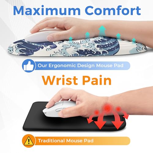 Ergonomic Mouse Pad with Wrist Support, Memory Foam Wrist Rest for Pain Relief & Carpal Tunnel, Non-Slip Base for Office, Computer, PC, Laptop (12x8x1.2inch, Kanagawa Wave) - color: 06 Kanagawa Wave