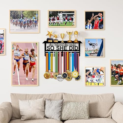 Resama Medal Hanger Holder Display Wall Rack Frame Shelf-Medal Hanger Awards Ribbon Soccer,Gymnastics,Holder Display Rack for 60 Medals - color: So She Did-T