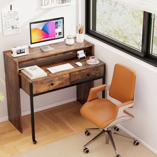 Tangkula Extendable Computer Desk with 2 Storage Drawers, Convertible Home Office Desk with Monitor Shelf, Metal Frame & Lockable Wheels, Rolling Study Writing Desk (Brown) - color: Brown