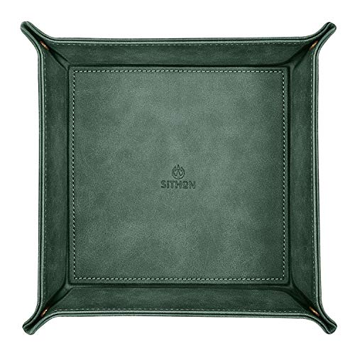 SITHON Valet Tray Desktop Storage Organizer – Premium PU Leather Catchall Bedside Vanity Tray Nightstand Caddy Holder for Keys, Phone, Wallet, Coin, Valentine's Day Gift, Dark Green - color: Dark Green