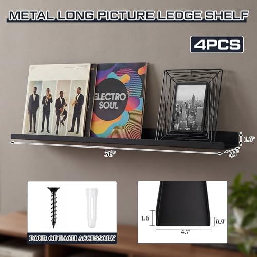 Pinkunn 4 Pack 36 Inch Black Metal Floating Shelves Picture Ledge, Wall Mounted Display Shelf with Lip Sturdy Iron Rack for Photo Frames, Vinyl Records, Home Office Gallery Storage - color: Black, size: 36 Inch