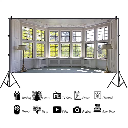 AOFOTO 20x10ft Classic French Pane Bay Windows Backdrop Luxury Retro Interior Decoration Floor Lamps Photography Background New Life Furniture Home Lifestyle Estate Modern Residence Photo Studio Props - size: 20x10ft