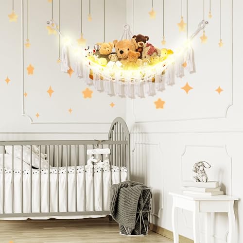 CERETIA Stuffed Animal Hammock with LED Light, Large Stuffed Animals Storage Corner Plushie Net for Kids Room Decor, Jumbo White - color: White, size: Jumbo-(Package of 1)