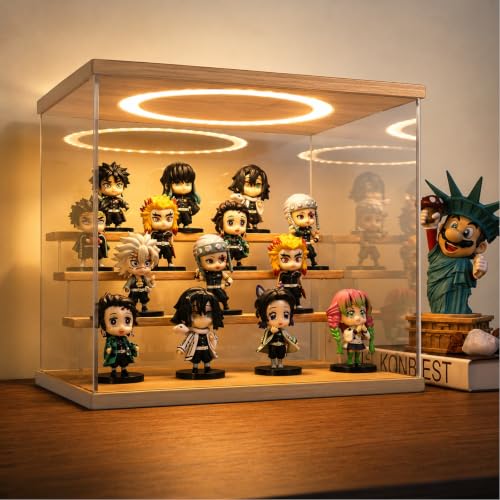 Acrylic Display Case with Adjustable LED Light, 4 Tier Clear Display Box Dustproof Showcase for Action Figures, Collectibles and Mini Toys, Assembly Display Cabinet(Wood 12.5×9.5×10.4in) - color: Wood, size: 4 Tier 12.5×9.5×10.5in